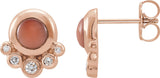 14K Gold Round Natural Pink Coral & Natural Diamond Accented Cabochon Earrings - Rose Gold