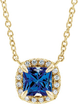 14K Gold Square Lab-Grown Blue Sapphire & Natural Diamond Halo-Style Necklace - Yellow Gold