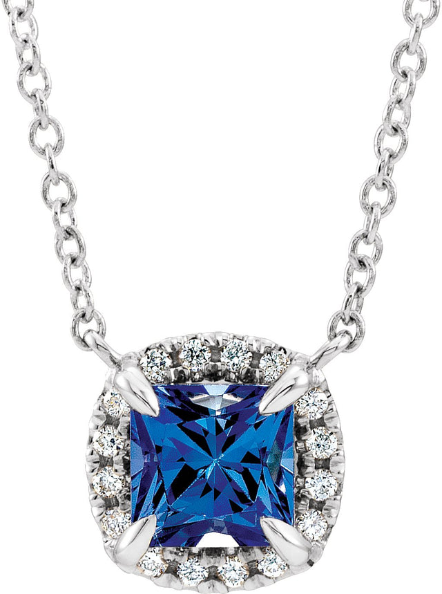 14K Gold Square Lab-Grown Blue Sapphire & Natural Diamond Halo-Style Necklace - White Gold