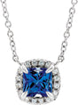 14K Gold Square Lab-Grown Blue Sapphire & Natural Diamond Halo-Style Necklace - White Gold