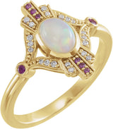 14K Gold Oval Natural Ethiopian Opal & Natural Pink Sapphire & Natural Diamond Accented Vintage-Inspired Bezel-Set Cabochon Ring - Yellow Gold