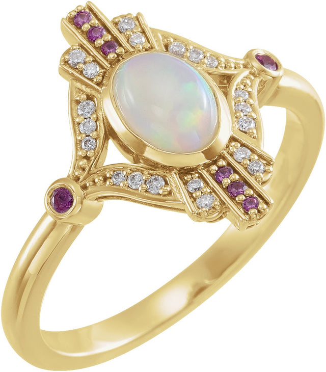 14K Gold Oval Natural Ethiopian Opal & Natural Pink Sapphire & Natural Diamond Accented Vintage-Inspired Bezel-Set Cabochon Ring - Yellow Gold