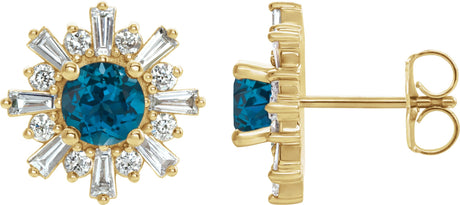 14K Gold Round Natural London Blue Topaz & Natural Diamond Halo-Style Star Earrings II - Yellow Gold