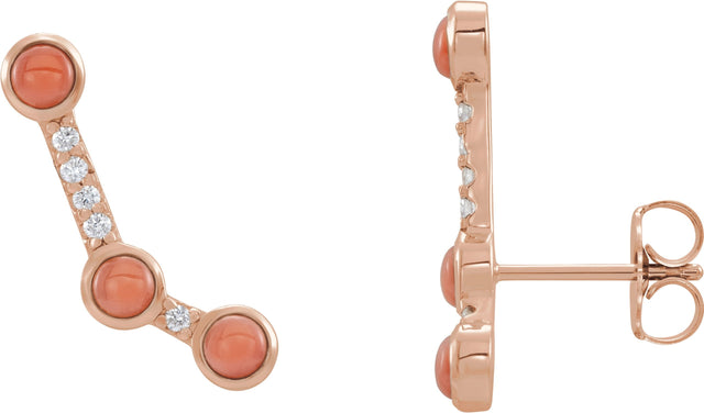 14K Gold Round Natural Pink Coral & Natural Diamond Scattered Cabochon Ear Climbers - Rose Gold