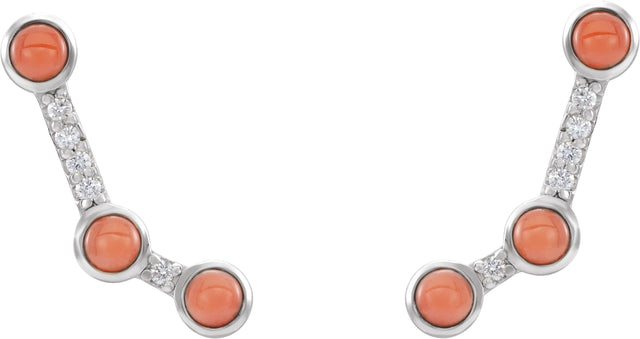 Platinum Round Natural Pink Coral & Natural Diamond Scattered Cabochon Ear Climbers - view 2
