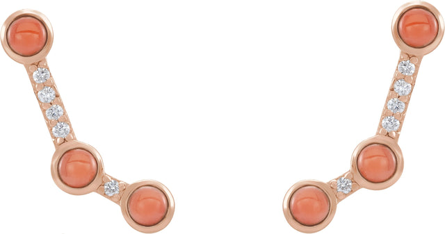 14K Gold Round Natural Pink Coral & Natural Diamond Scattered Cabochon Ear Climbers - Rose Gold - view 2