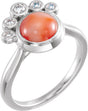 14K Gold Round Natural Pink Coral & Natural Diamond Bezel-Set Cabochon Ring - White Gold