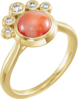 14K Gold Round Natural Pink Coral & Natural Diamond Bezel-Set Cabochon Ring - Yellow Gold