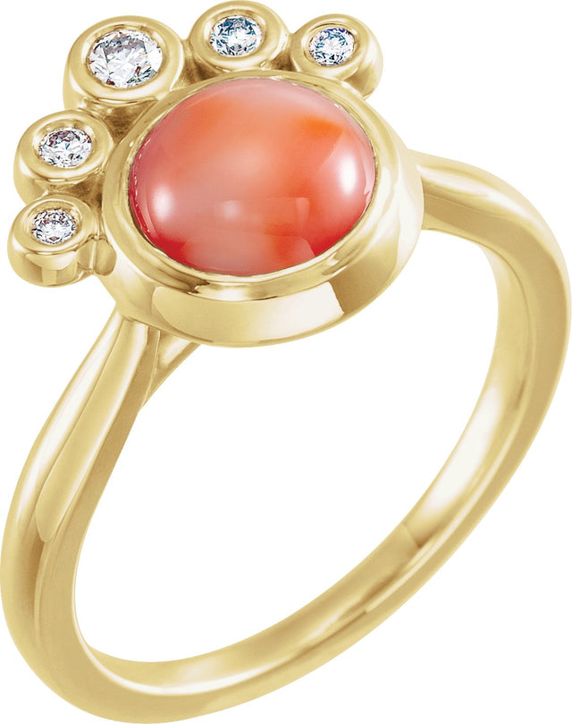 14K Gold Round Natural Pink Coral & Natural Diamond Bezel-Set Cabochon Ring - Yellow Gold