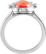 14K Gold Round Natural Pink Coral & Natural Diamond Bezel-Set Cabochon Ring - White Gold - view 2