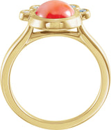 14K Gold Round Natural Pink Coral & Natural Diamond Bezel-Set Cabochon Ring - Yellow Gold - view 2