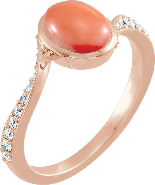 14K Gold Oval Natural Pink Coral & Natural Diamond Accented Bypass Ring – 8x6mm - Rose Gold