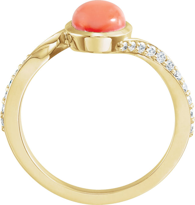 14K Gold Oval Natural Pink Coral Accented Bypass Ring - view 2