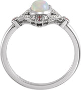 Platinum Oval Natural Ethiopian Opal & Natural Pink Sapphire & Natural Diamond Accented Vintage-Inspired Bezel-Set Cabochon Ring - view 2