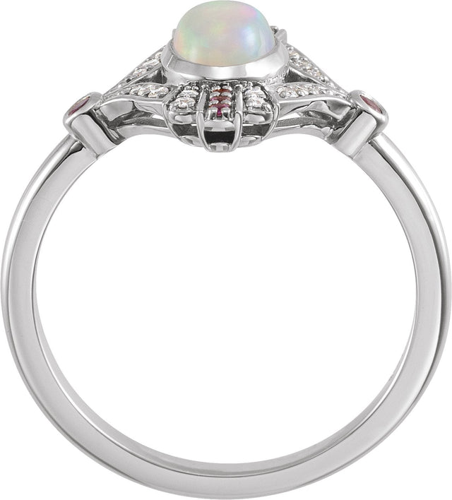 Platinum Oval Natural Ethiopian Opal & Natural Pink Sapphire & Natural Diamond Accented Vintage-Inspired Bezel-Set Cabochon Ring - view 2