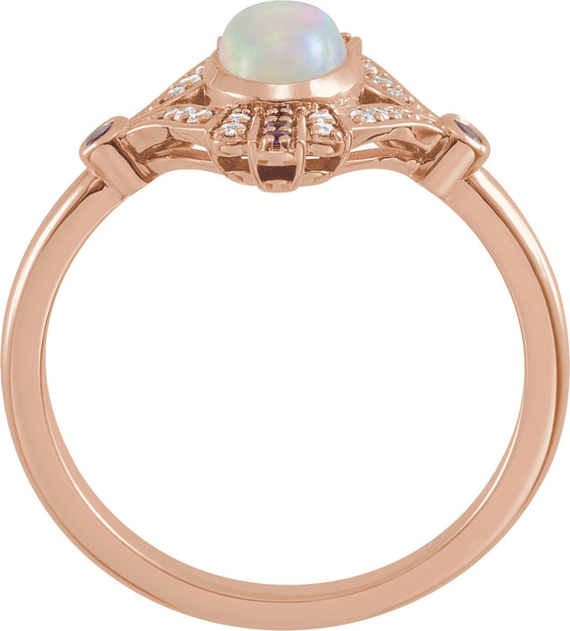 14K Gold Oval Natural Ethiopian Opal & Natural Pink Sapphire & Natural Diamond Accented Vintage-Inspired Bezel-Set Cabochon Ring - Rose Gold - view 2