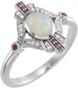 Platinum Oval Natural Ethiopian Opal & Natural Pink Sapphire & Natural Diamond Accented Vintage-Inspired Bezel-Set Cabochon Ring