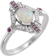 14K Gold Oval Natural Ethiopian Opal & Natural Pink Sapphire & Natural Diamond Accented Vintage-Inspired Bezel-Set Cabochon Ring - White Gold