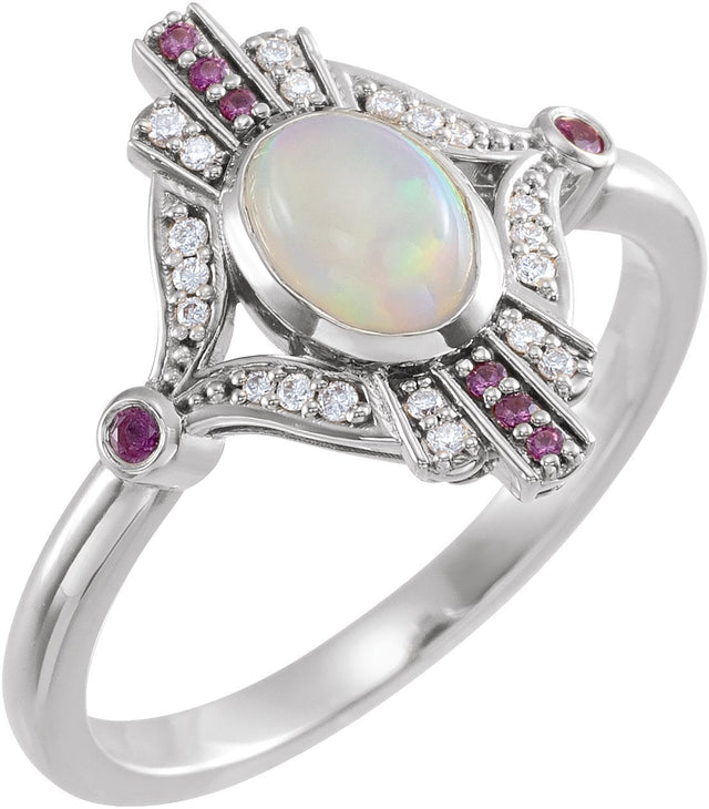 14K Gold Oval Natural Ethiopian Opal & Natural Pink Sapphire & Natural Diamond Accented Vintage-Inspired Bezel-Set Cabochon Ring - White Gold
