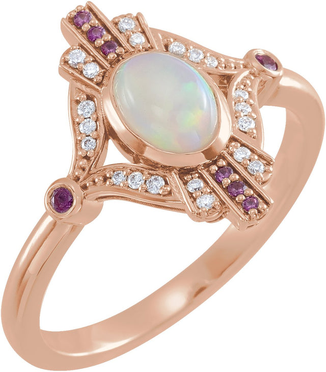 14K Gold Oval Natural Ethiopian Opal & Natural Pink Sapphire & Natural Diamond Accented Vintage-Inspired Bezel-Set Cabochon Ring - Rose Gold