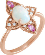 14K Gold Oval Natural Ethiopian Opal & Natural Pink Sapphire & Natural Diamond Vintage-Inspired Cabochon Ring – 8x6mm - Rose Gold