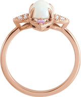 14K Gold Oval Natural Ethiopian Opal & Natural Pink Sapphire & Natural Diamond Vintage-Inspired Cabochon Ring – 8x6mm - Rose Gold - view 2