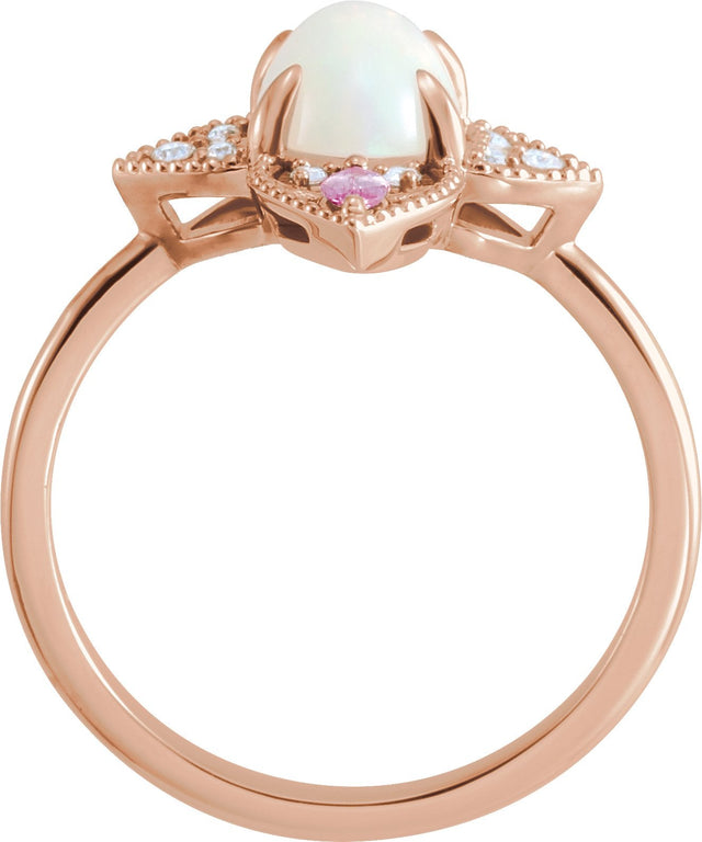 14K Gold Oval Natural Ethiopian Opal & Natural Pink Sapphire & Natural Diamond Vintage-Inspired Cabochon Ring – 8x6mm - Rose Gold - view 2