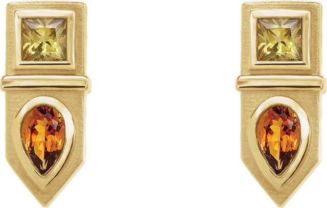14K Gold Pear Natural Yellow Multi-Gemstone Geometric Bar Earrings - Yellow Gold - view 2