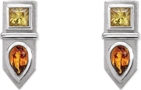 Platinum Pear Natural Yellow Multi-Gemstone Geometric Bar Earrings - view 2