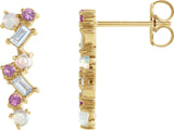 14K Gold Natural Ethiopian Opal & Natural Pink Sapphire & Natural Diamond Scattered Bar Earrings - Yellow Gold