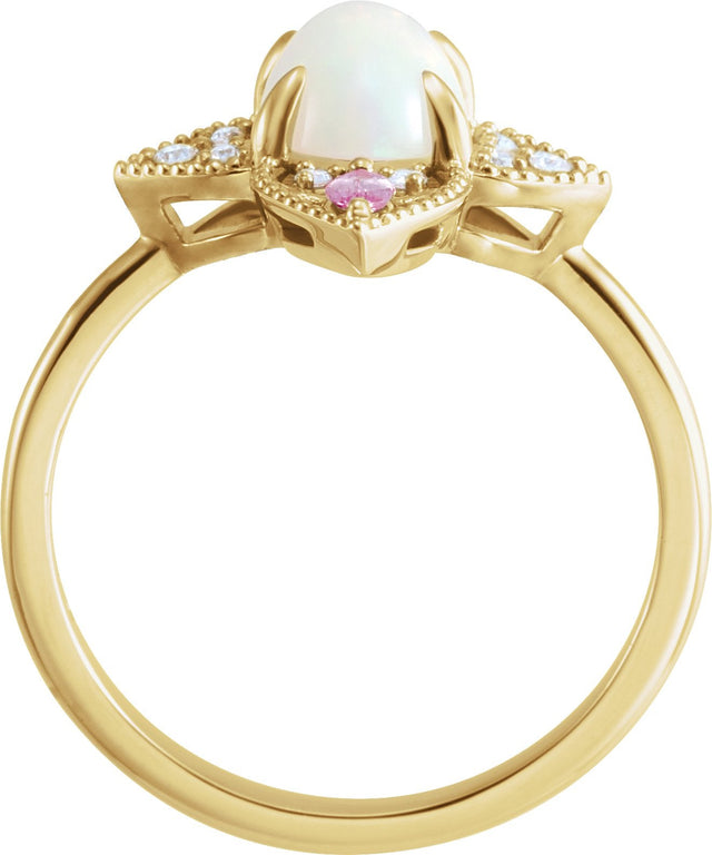 14K Gold Oval Natural Ethiopian Opal & Natural Pink Sapphire & Natural Diamond Vintage-Inspired Cabochon Ring – 8x6mm - Yellow Gold - view 2