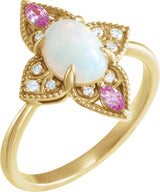 14K Gold Oval Natural Ethiopian Opal & Natural Pink Sapphire & Natural Diamond Vintage-Inspired Cabochon Ring – 8x6mm - Yellow Gold