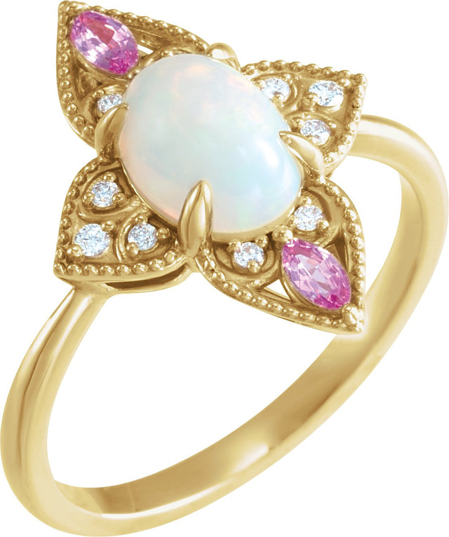 14K Gold Oval Natural Ethiopian Opal & Natural Pink Sapphire & Natural Diamond Vintage-Inspired Cabochon Ring – 8x6mm - Yellow Gold