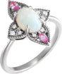 14K Gold Oval Natural Ethiopian Opal & Natural Pink Sapphire & Natural Diamond Vintage-Inspired Cabochon Ring – 8x6mm - White Gold