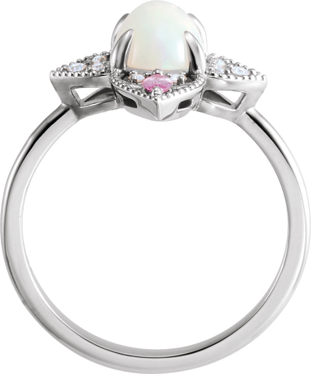 14K Gold Oval Natural Ethiopian Opal & Natural Pink Sapphire & Natural Diamond Vintage-Inspired Cabochon Ring – 8x6mm - White Gold - view 2