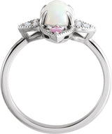 Platinum Oval Natural Ethiopian Opal & Natural Pink Sapphire & Natural Diamond Vintage-Inspired Cabochon Ring – 8x6mm - view 2