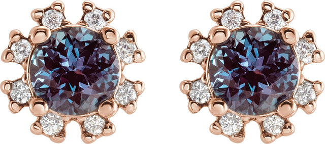 14K Gold Lab-Grown Alexandrite Round 4-Prong Halo-Style Earrings - Rose Gold - view 4