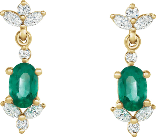 14K Gold Oval Natural Emerald & Natural Diamond Accented Earrings – 6x4mm - Yellow Gold - view 2