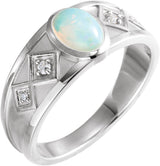 Platinum Oval Natural Ethiopian Opal & Natural Diamond Bezel-Set Cabochon Ring