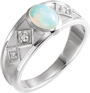 Platinum Oval Natural Ethiopian Opal & Natural Diamond Bezel-Set Cabochon Ring