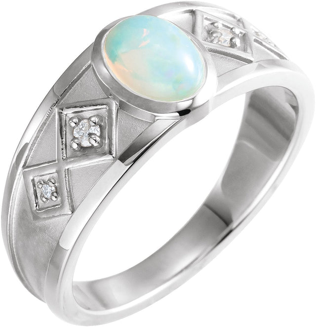 Platinum Oval Natural Ethiopian Opal & Natural Diamond Bezel-Set Cabochon Ring