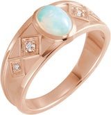 14K Gold Oval Natural Ethiopian Opal & Natural Diamond Bezel-Set Cabochon Ring - Rose Gold