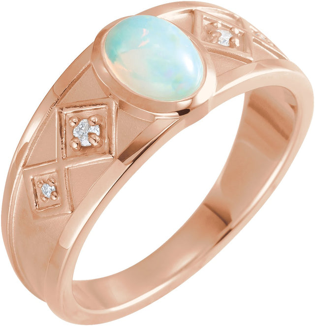 14K Gold Oval Natural Ethiopian Opal & Natural Diamond Bezel-Set Cabochon Ring - Rose Gold