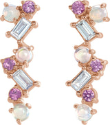 14K Gold Natural Ethiopian Opal & Natural Pink Sapphire & Natural Diamond Scattered Bar Earrings - Rose Gold - view 2
