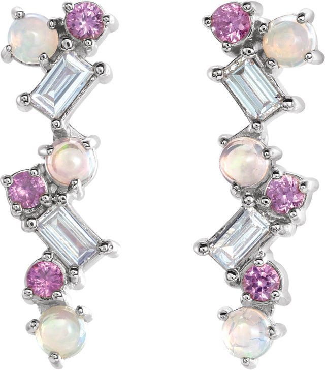Platinum Natural Ethiopian Opal & Natural Pink Sapphire & Natural Diamond Scattered Bar Earrings - view 2