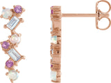 14K Gold Natural Ethiopian Opal & Natural Pink Sapphire & Natural Diamond Scattered Bar Earrings - Rose Gold