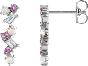 Platinum Natural Ethiopian Opal & Natural Pink Sapphire & Natural Diamond Scattered Bar Earrings