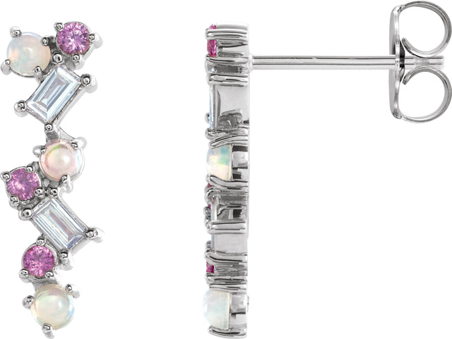 Platinum Natural Ethiopian Opal & Natural Pink Sapphire & Natural Diamond Scattered Bar Earrings
