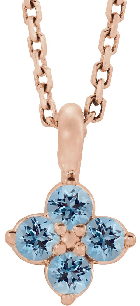 14K Gold Round Natural Aquamarine Youth Birthstone Necklace or Pendant II - Rose Gold