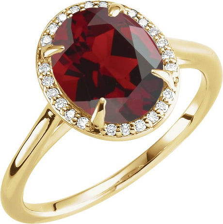 14K Gold Oval Natural Mozambique Garnet & Natural Diamond Halo-Style Ring – 7-10mm Stones - Yellow Gold